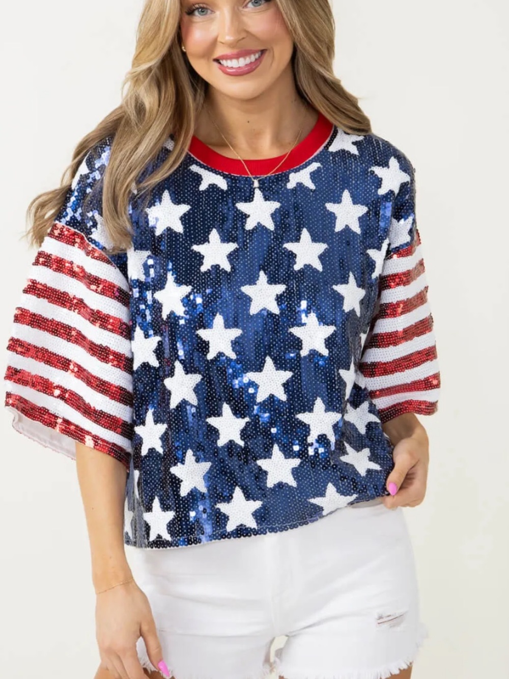 Simply Southern Sequin American Flag Star Top - Red, White & Blue (see back)